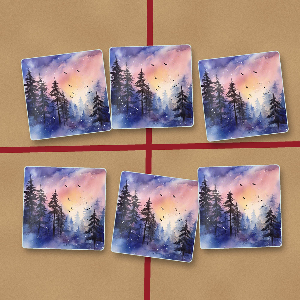 Watercolour Winter Pine Forest square glass coasters on kraft gift wrap