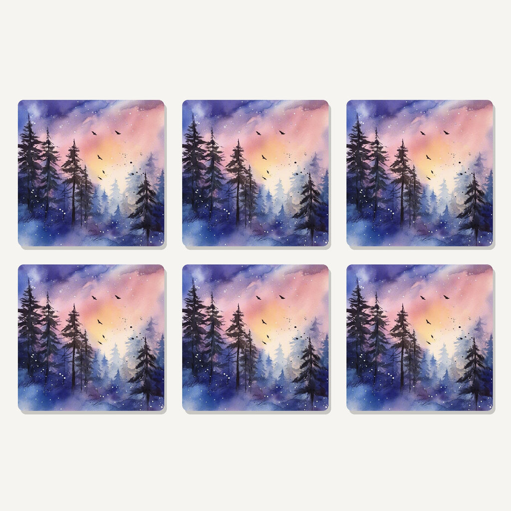 Flat lay of the watercolour winter pine forest artwork on six square coasters