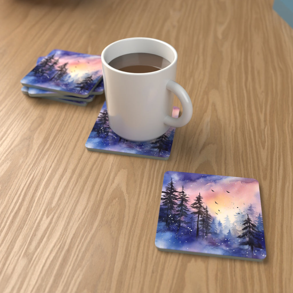 Watercolour Winter Pine Forest Square Glass Coasters – Set of 6 – lifestyle mockup with a mug of coffee