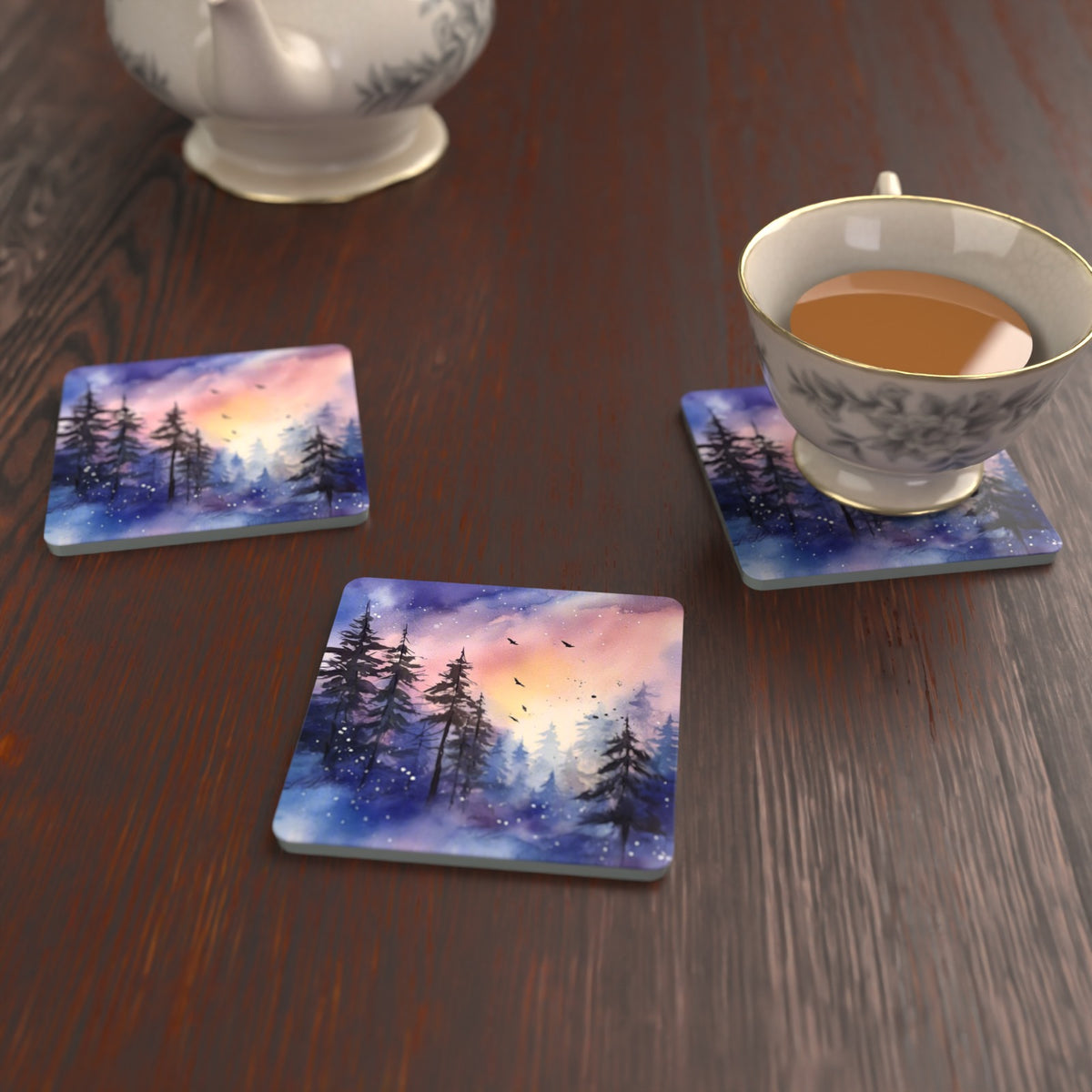 Watercolour Winter Pine Forest Square Glass Coasters – Set of 6 – lifestyle mockup with a teacup