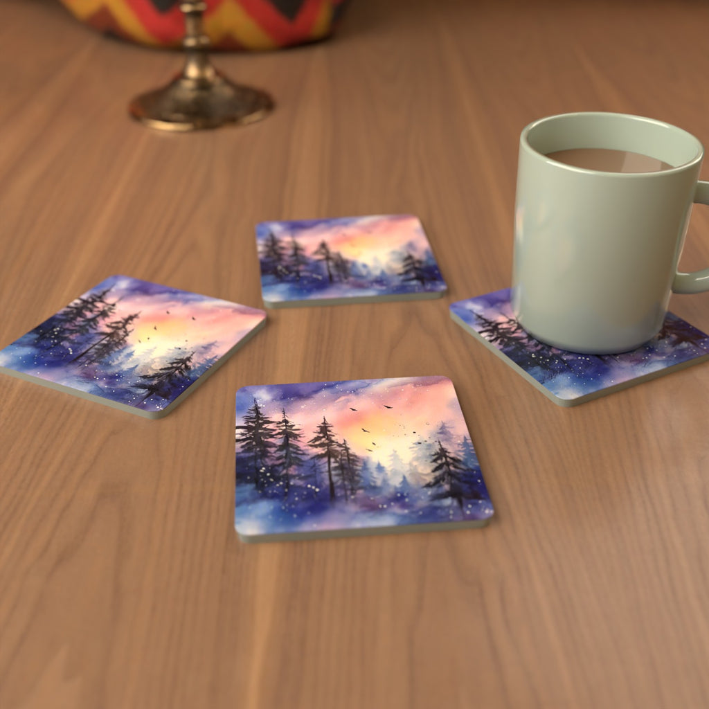 Watercolour Winter Pine Forest Square Glass Coasters – Set of 6 – cosy lifestyle mockup