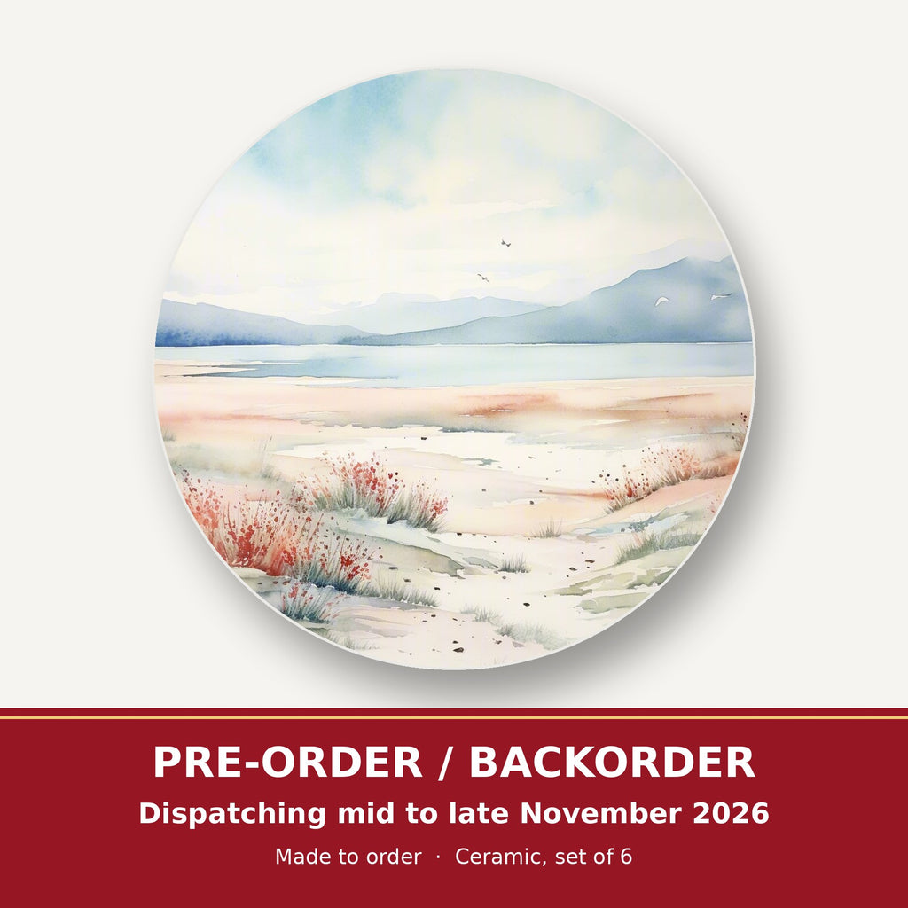 Watercolour Winter Shore round ceramic coaster set of 6 – pre-order / backorder, dispatching mid to late November 2026