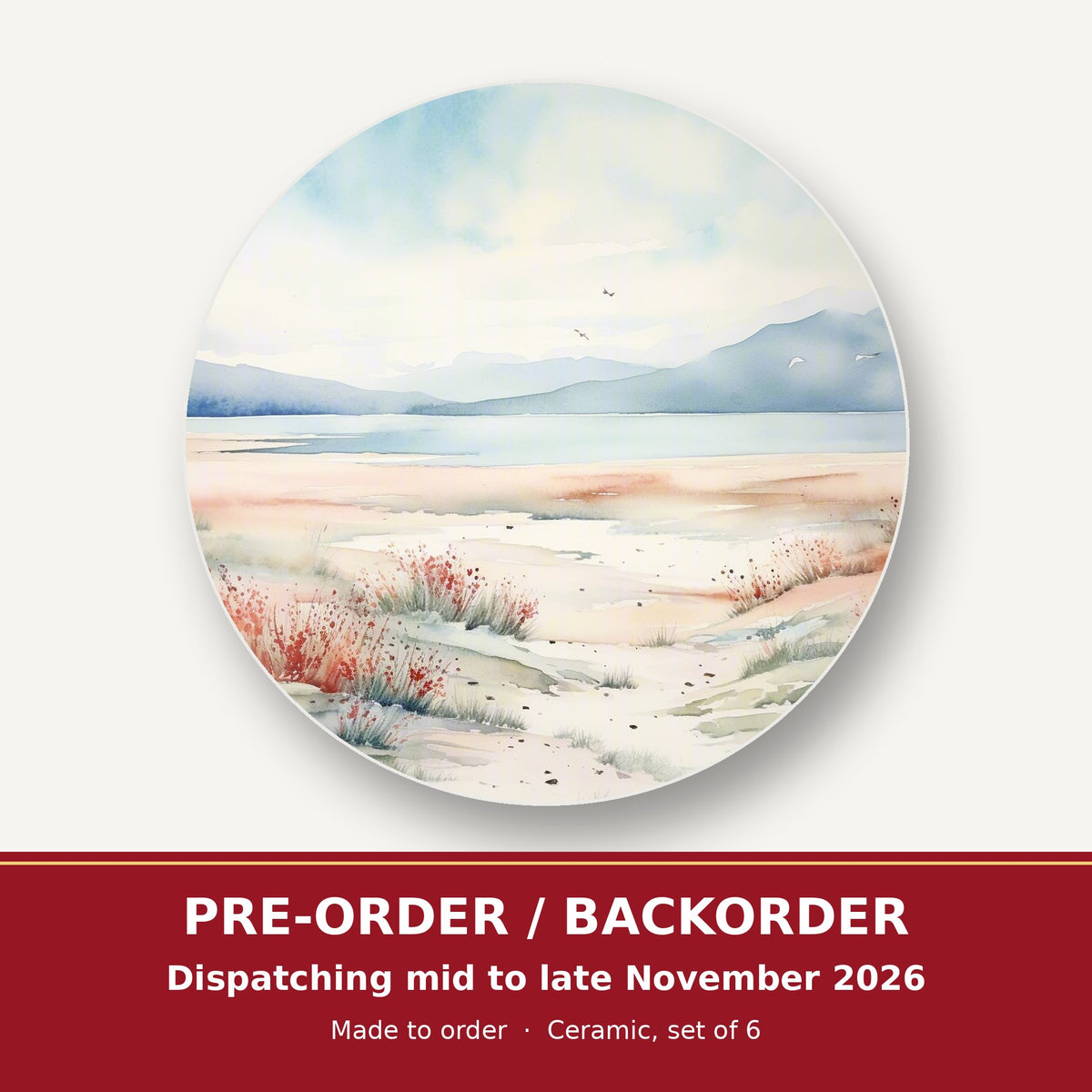 Watercolour Winter Shore round ceramic coaster set of 6 – pre-order / backorder, dispatching mid to late November 2026