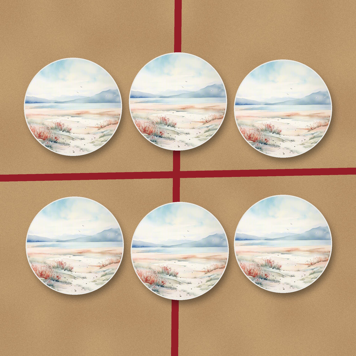 Watercolour Winter Shore round ceramic coasters on kraft gift wrap