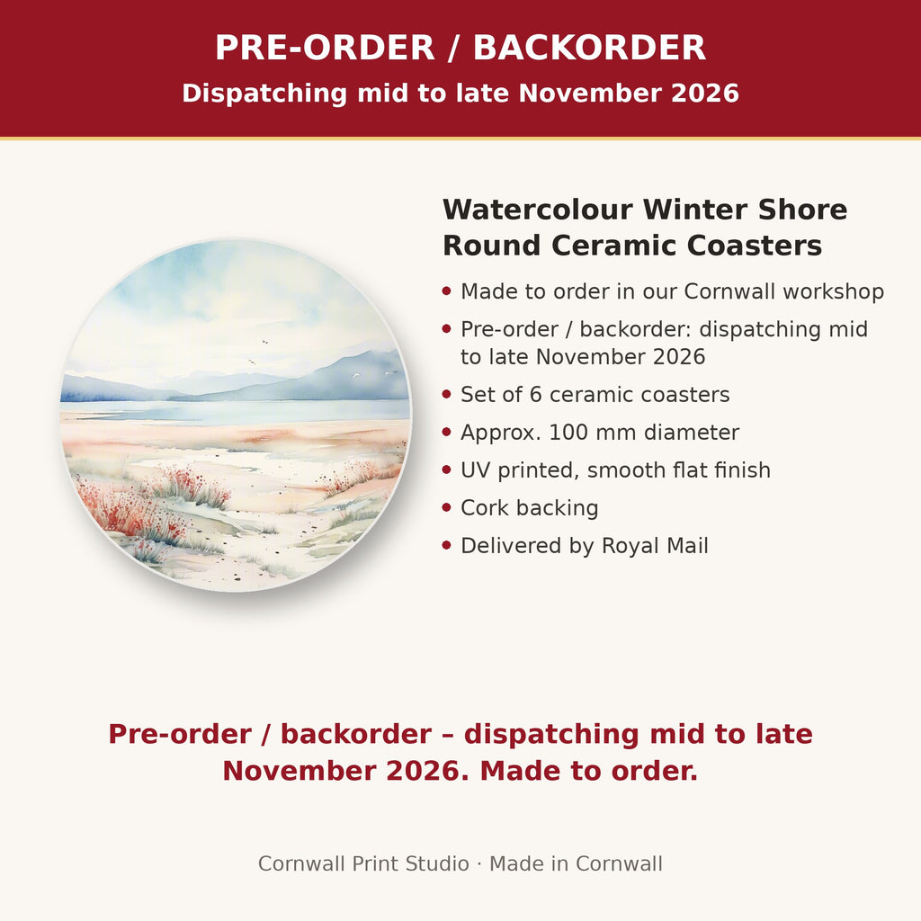 Info card: Watercolour Winter Shore Round Ceramic Coasters – Set of 6, made to order, dispatching mid to late November 2026, delivered by Royal Mail