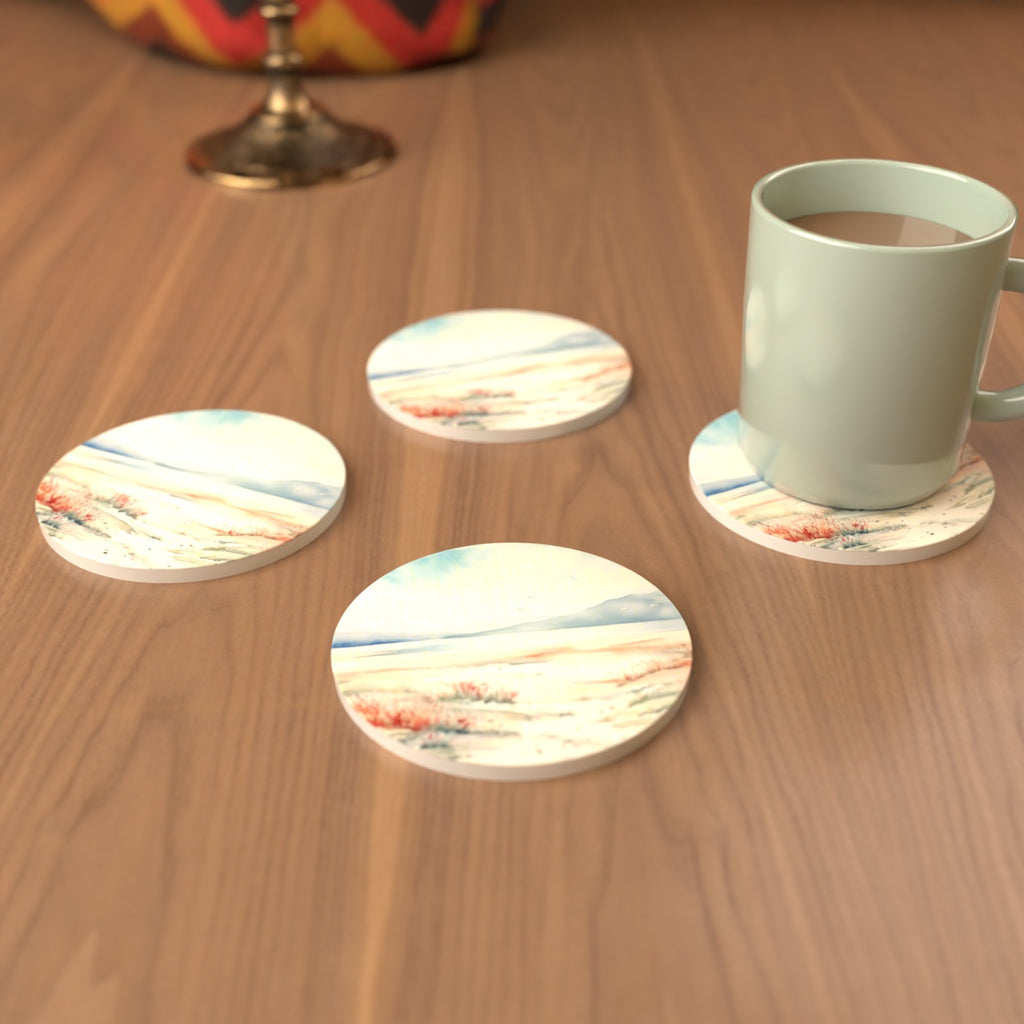 Watercolour Winter Shore Round Ceramic Coasters – Set of 6 – cosy lifestyle mockup