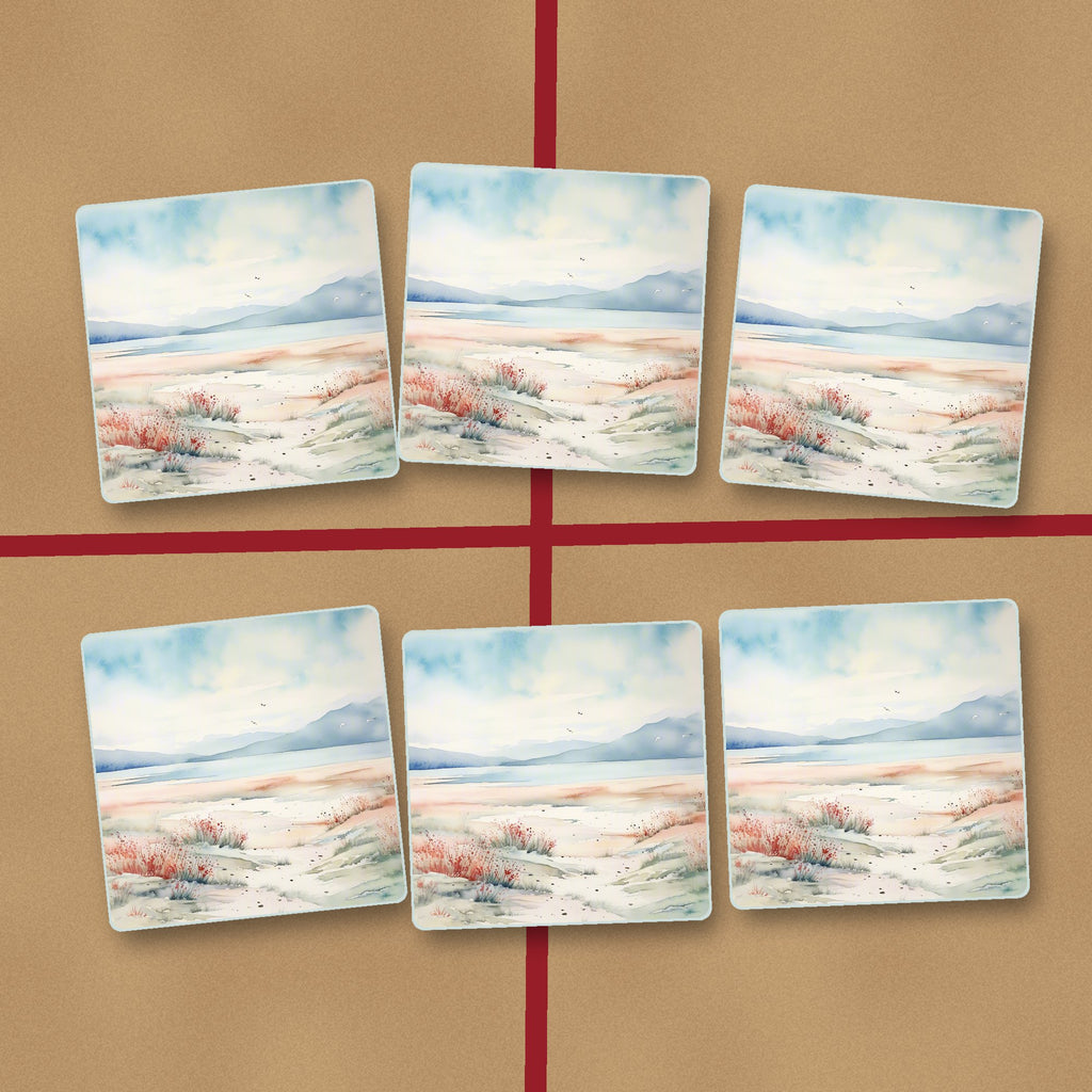 Watercolour Winter Shore square glass coasters on kraft gift wrap