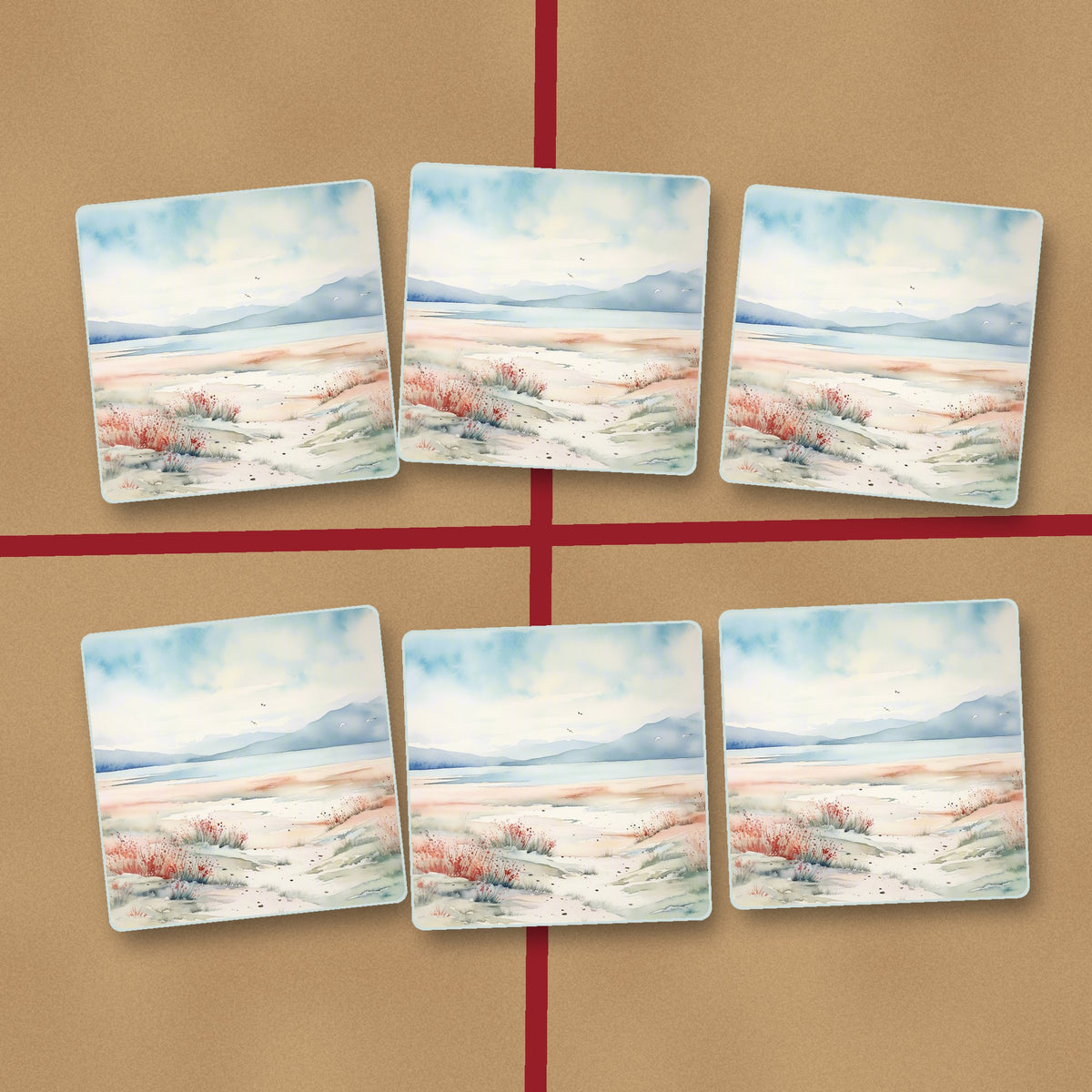 Watercolour Winter Shore square glass coasters on kraft gift wrap