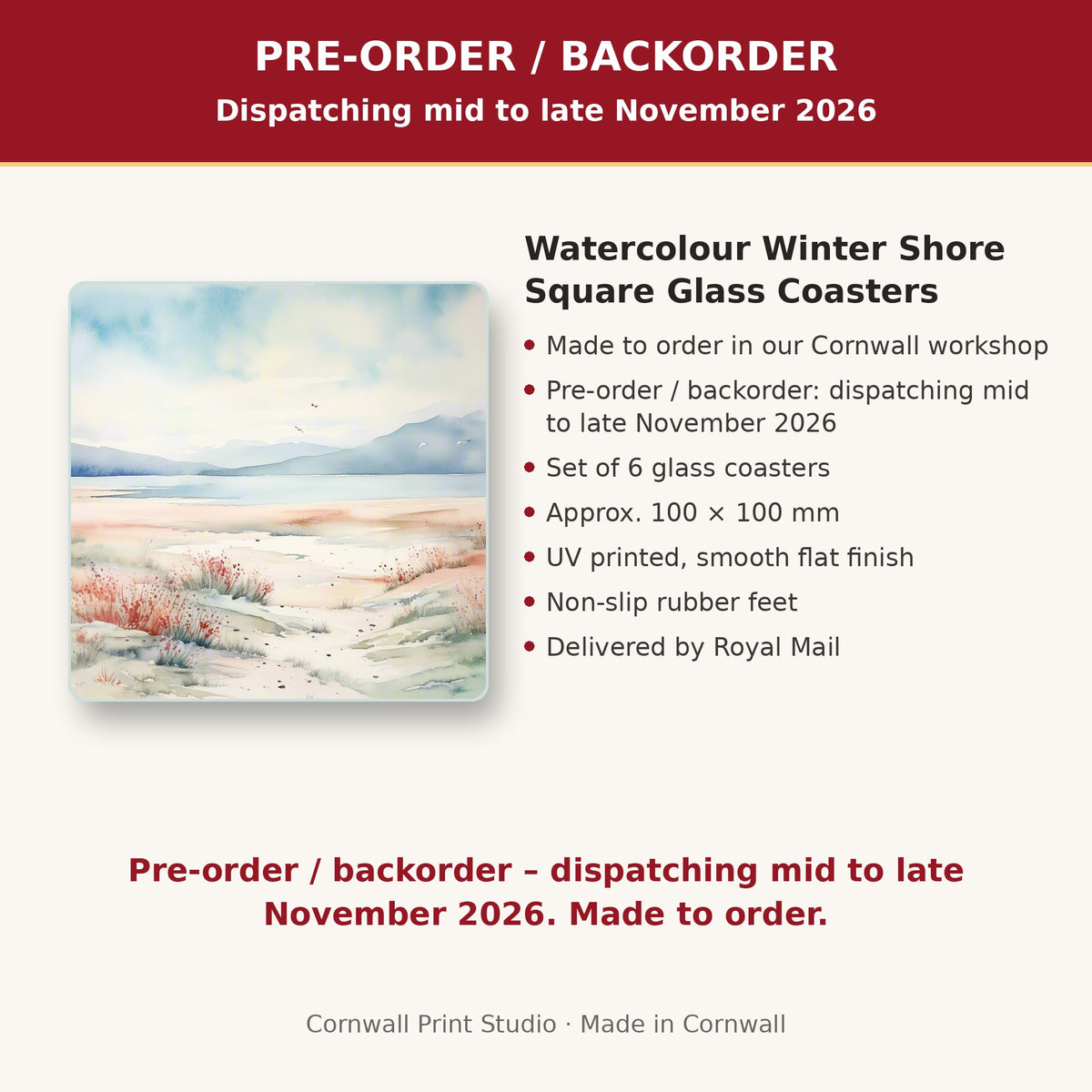 Info card: Watercolour Winter Shore Square Glass Coasters – Set of 6, made to order, dispatching mid to late November 2026, delivered by Royal Mail