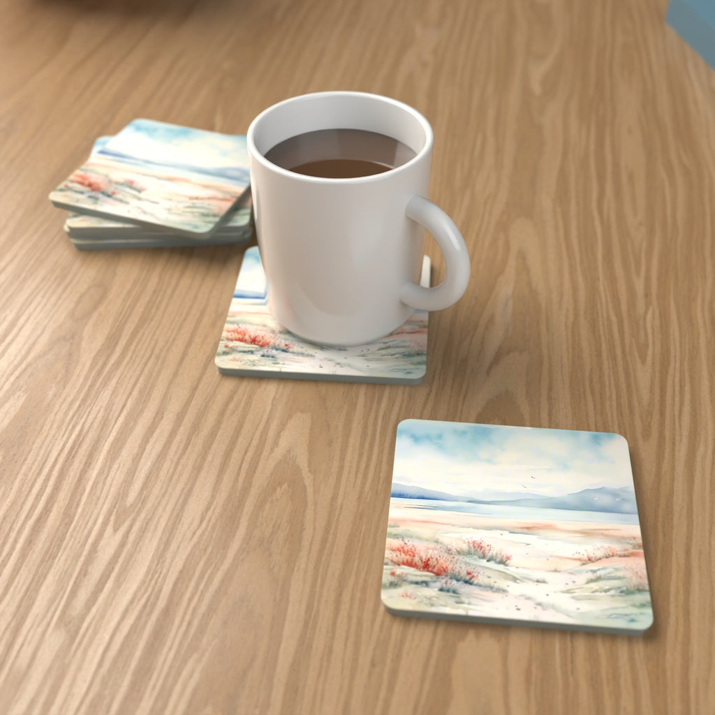 Watercolour Winter Shore Square Glass Coasters – Set of 6 – lifestyle mockup with a mug of coffee