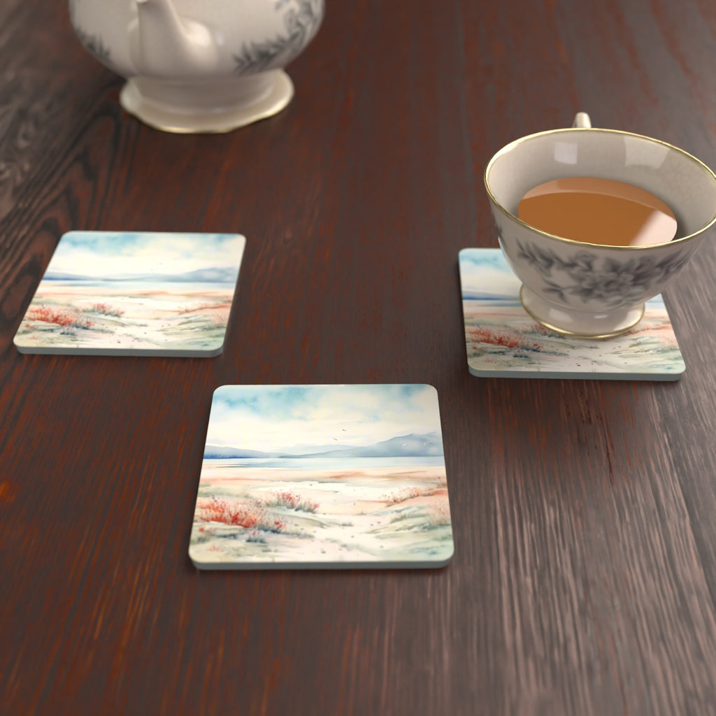 Watercolour Winter Shore Square Glass Coasters – Set of 6 – lifestyle mockup with a teacup