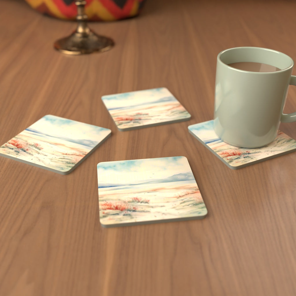 Watercolour Winter Shore Square Glass Coasters – Set of 6 – cosy lifestyle mockup