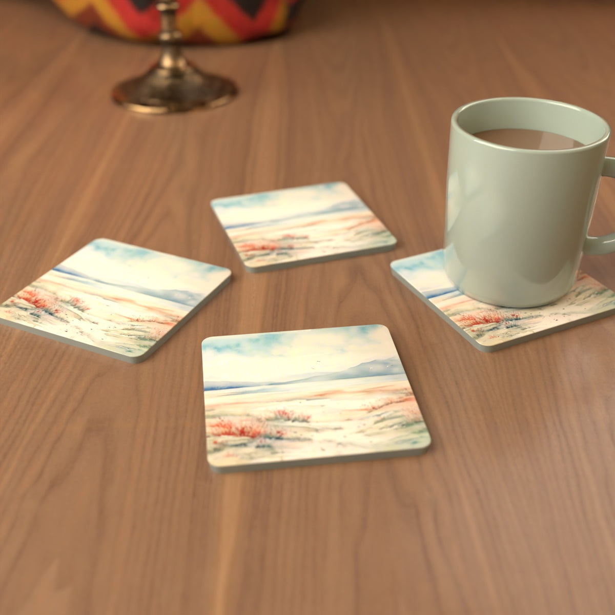 Watercolour Winter Shore Square Glass Coasters – Set of 6 – cosy lifestyle mockup