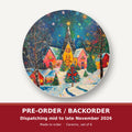 Colourful Christmas Village Night round ceramic coaster set of 6 – pre-order / backorder, dispatching mid to late November 2026