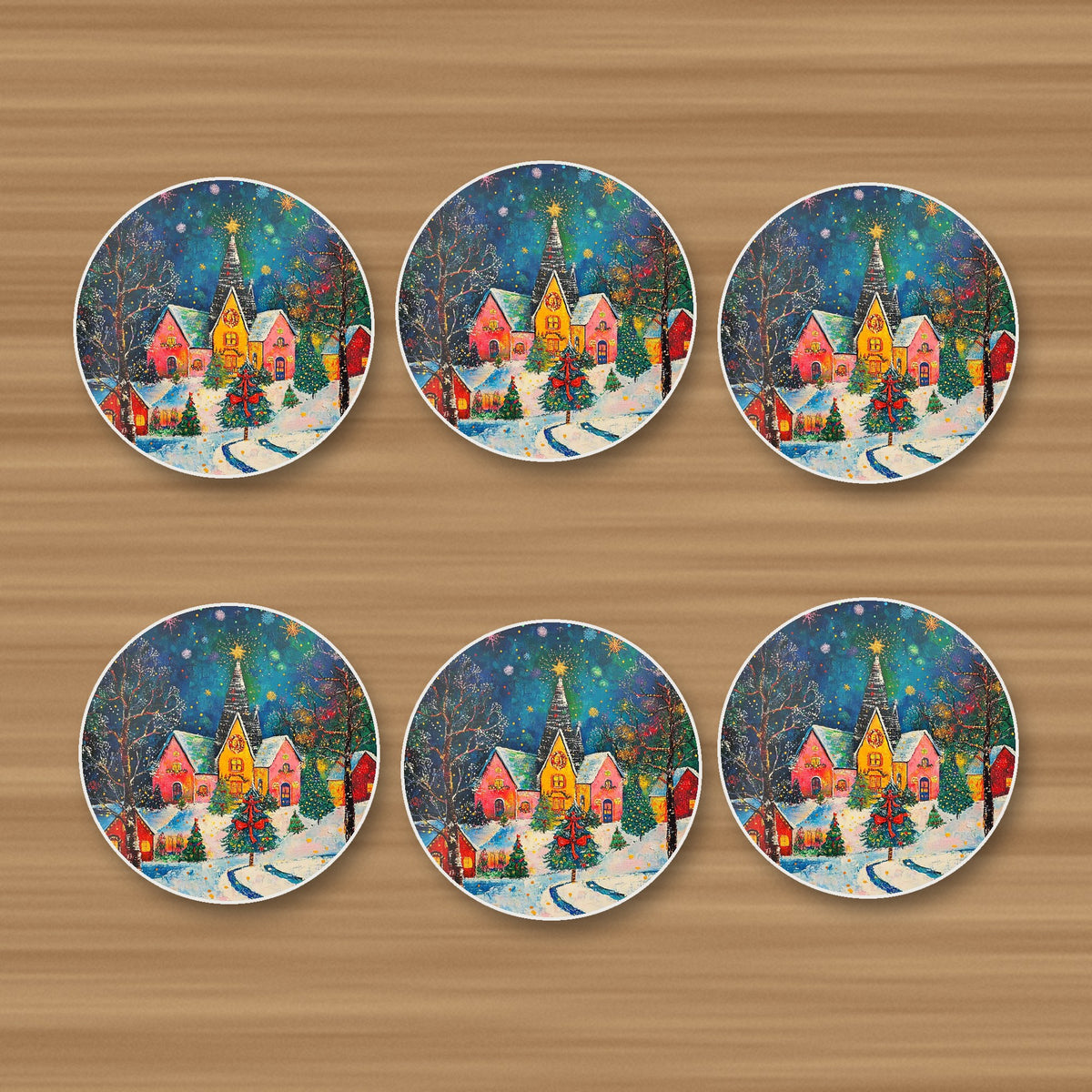 Colourful Christmas Village Night round ceramic coasters, set of 6, on an oak coffee table