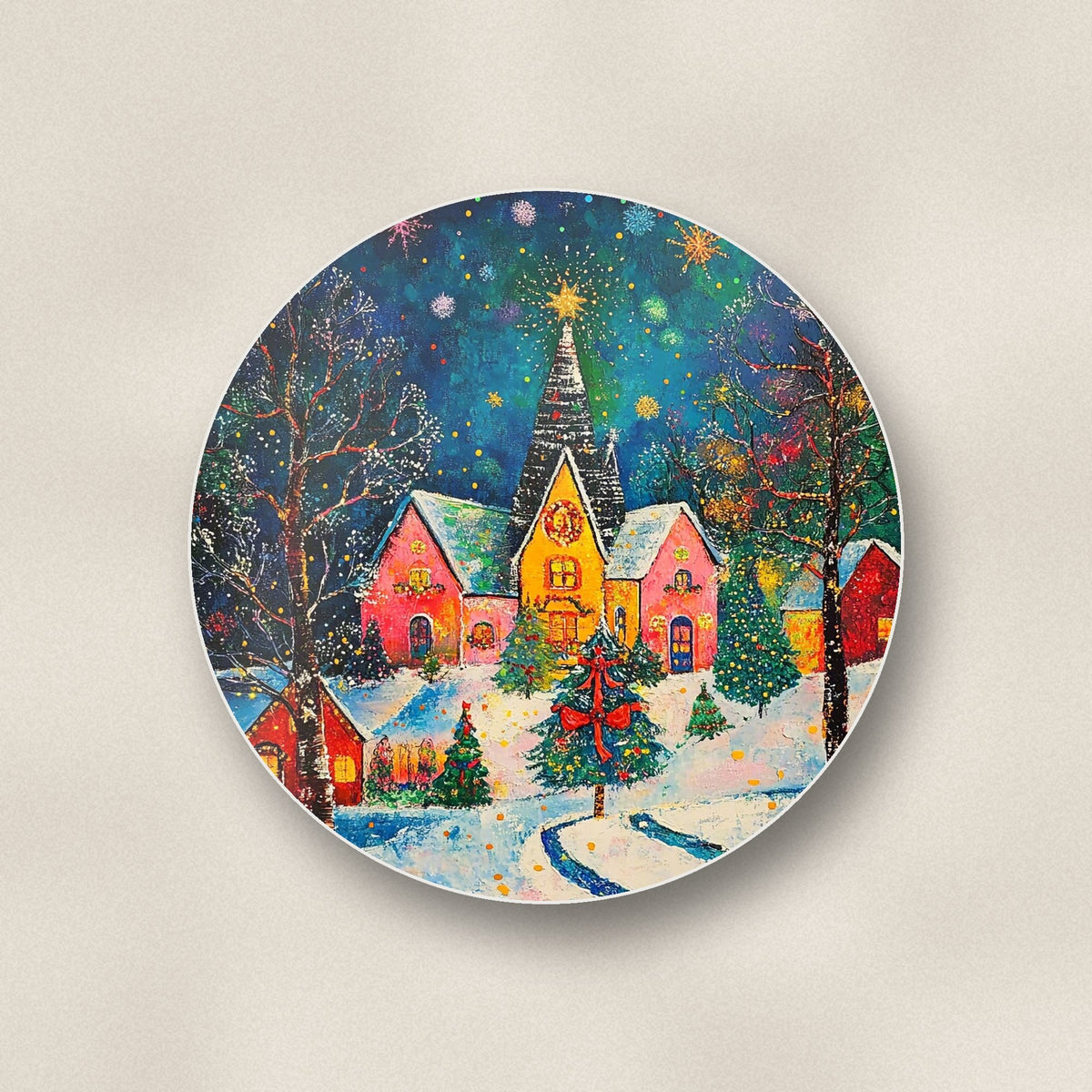 Close-up of one colourful christmas village night round ceramic coaster, flat UV print