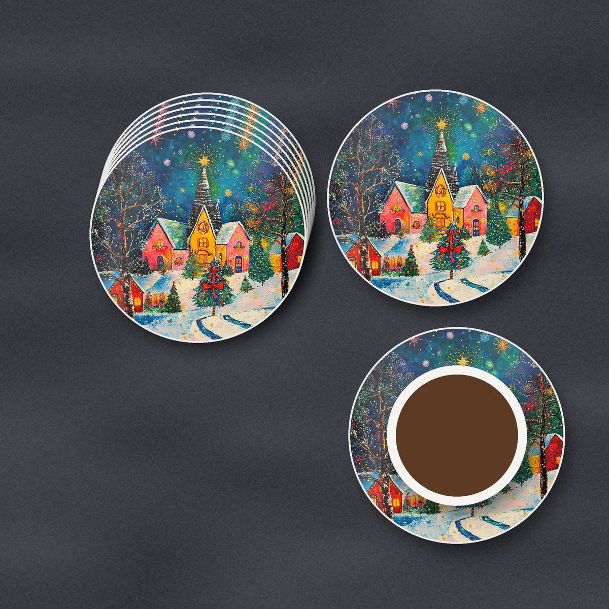 Colourful Christmas Village Night round ceramic coasters stacked on a slate kitchen worktop