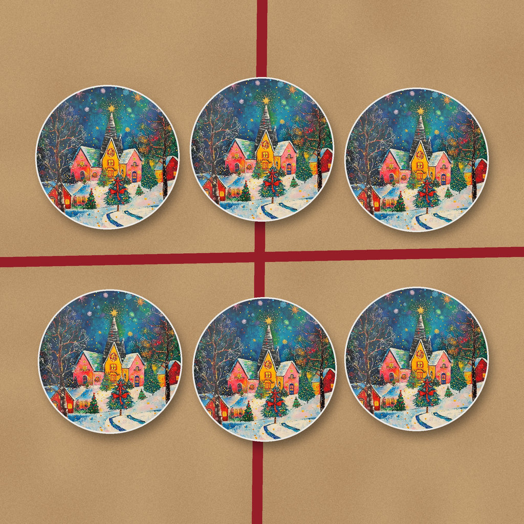 Colourful Christmas Village Night round ceramic coasters on kraft gift wrap