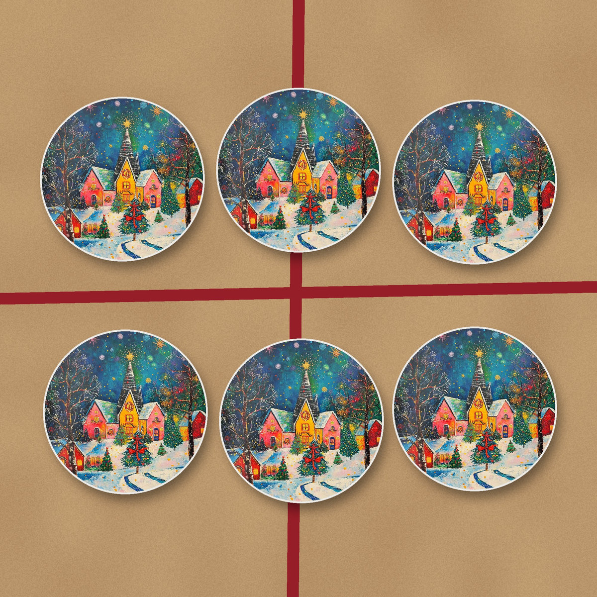 Colourful Christmas Village Night round ceramic coasters on kraft gift wrap