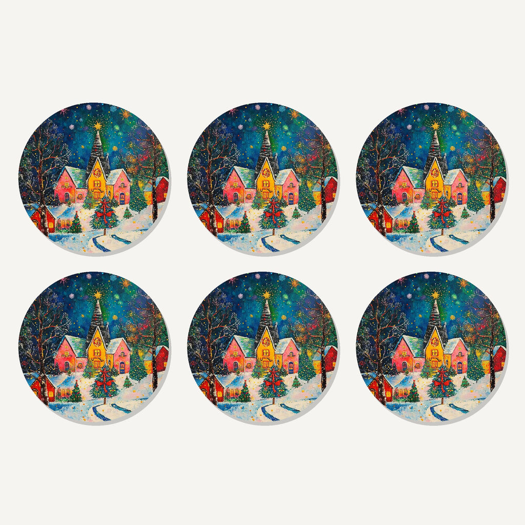Flat lay of the colourful christmas village night artwork on six round coasters