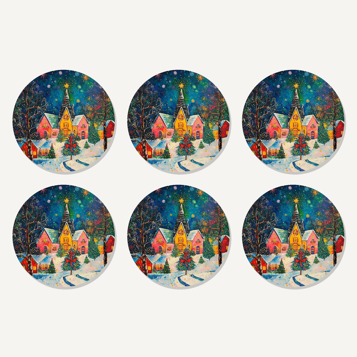 Flat lay of the colourful christmas village night artwork on six round coasters