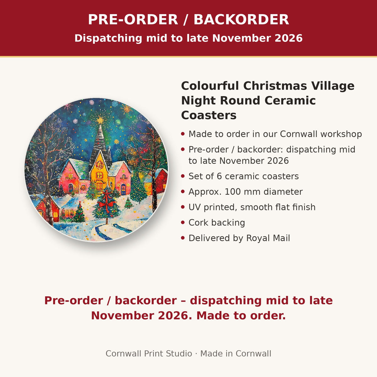 Info card: Colourful Christmas Village Night Round Ceramic Coasters – Set of 6, made to order, dispatching mid to late November 2026, delivered by Royal Mail
