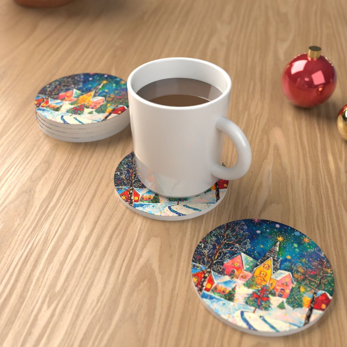 Colourful Christmas Village Night Round Ceramic Coasters – Set of 6 – lifestyle mockup with a mug of coffee