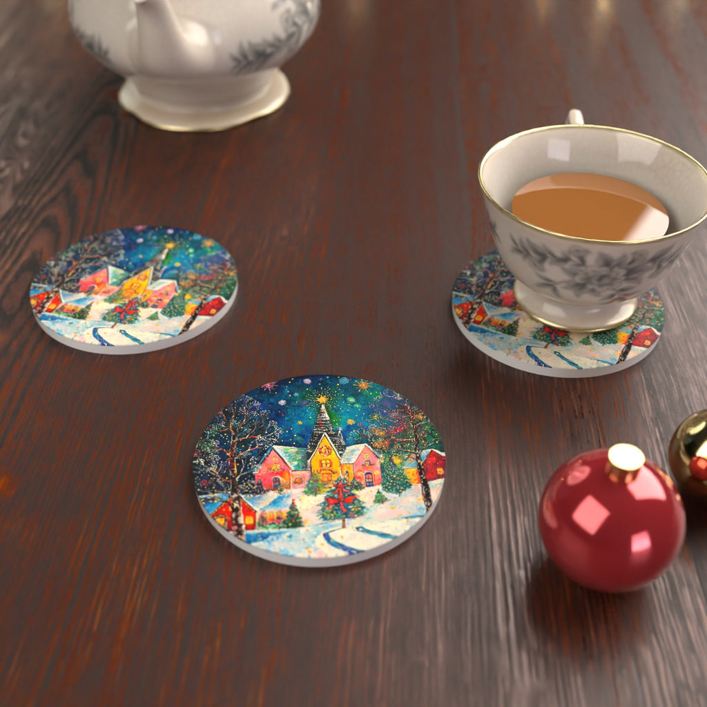 Colourful Christmas Village Night Round Ceramic Coasters – Set of 6 – lifestyle mockup with a teacup