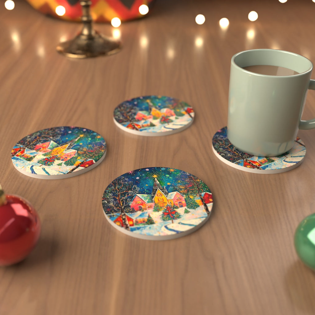 Colourful Christmas Village Night Round Ceramic Coasters – Set of 6 – cosy lifestyle mockup