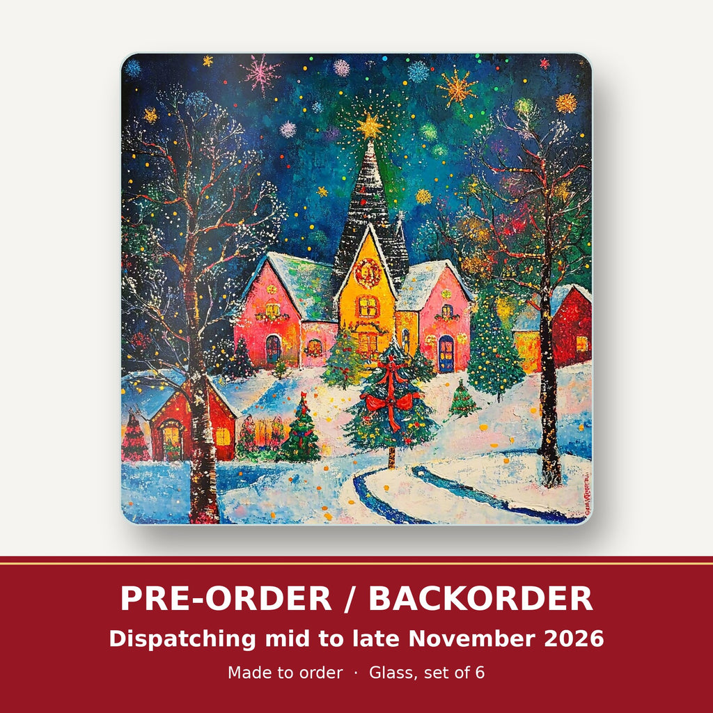 Colourful Christmas Village Night square glass coaster set of 6 – pre-order / backorder, dispatching mid to late November 2026