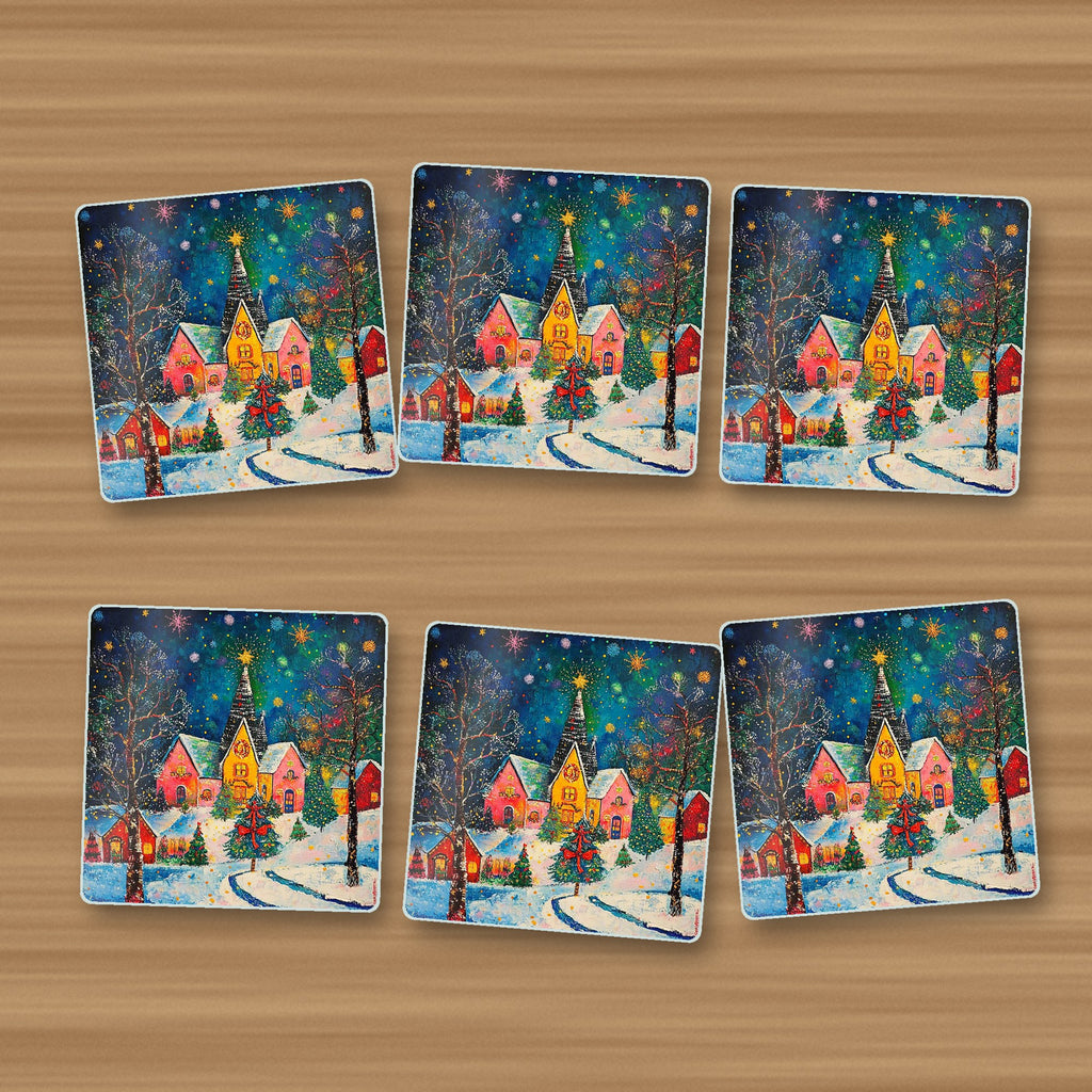 Colourful Christmas Village Night square glass coasters, set of 6, on an oak coffee table