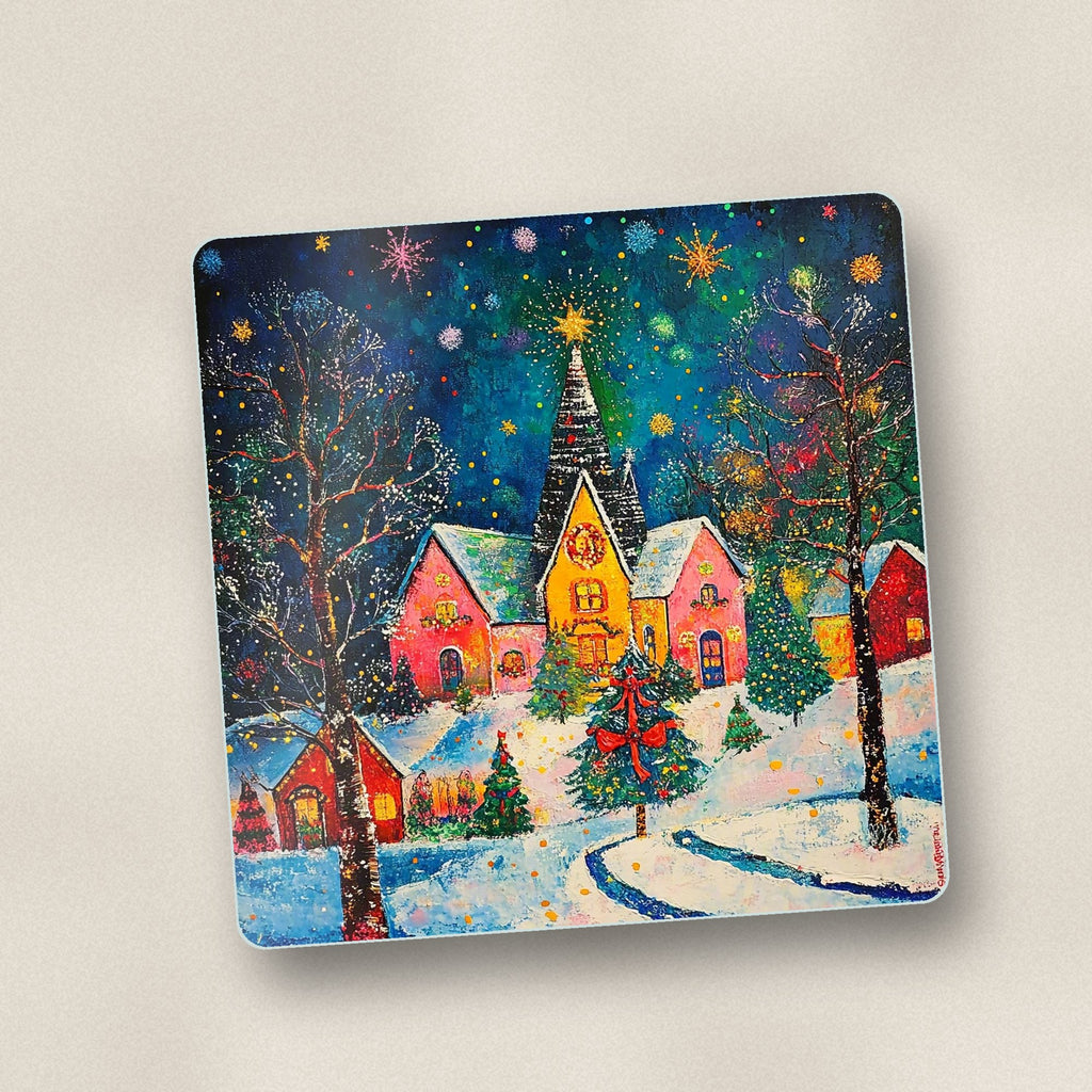 Close-up of one colourful christmas village night square glass coaster, flat UV print