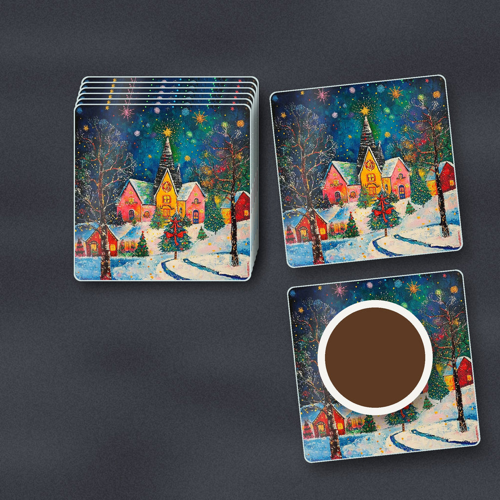 Colourful Christmas Village Night square glass coasters stacked on a slate kitchen worktop
