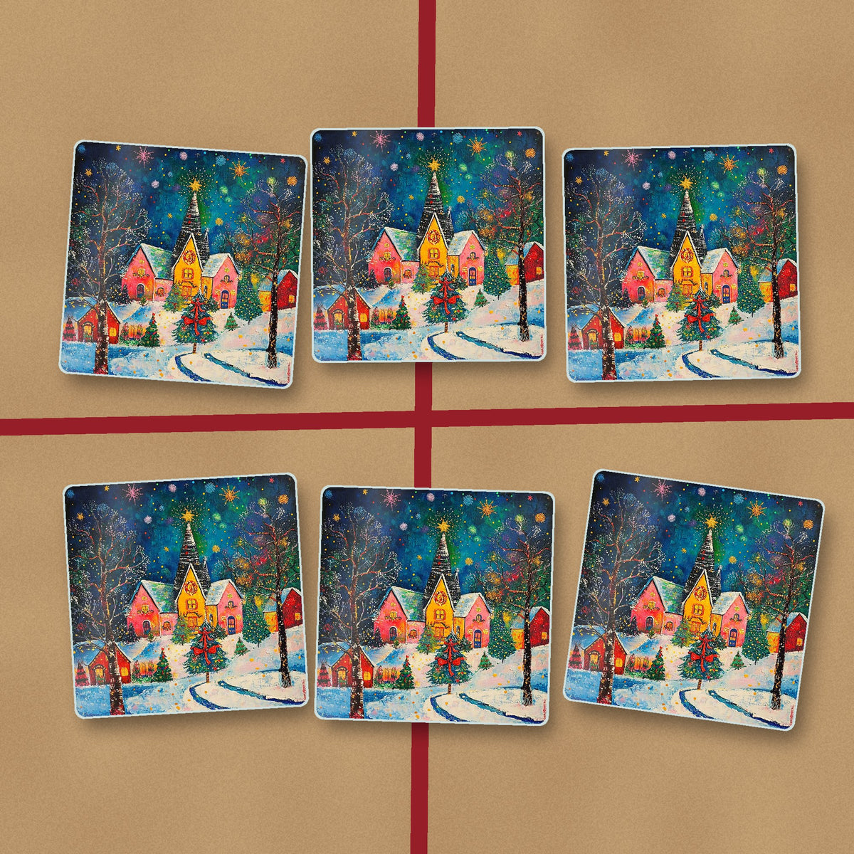 Colourful Christmas Village Night square glass coasters on kraft gift wrap