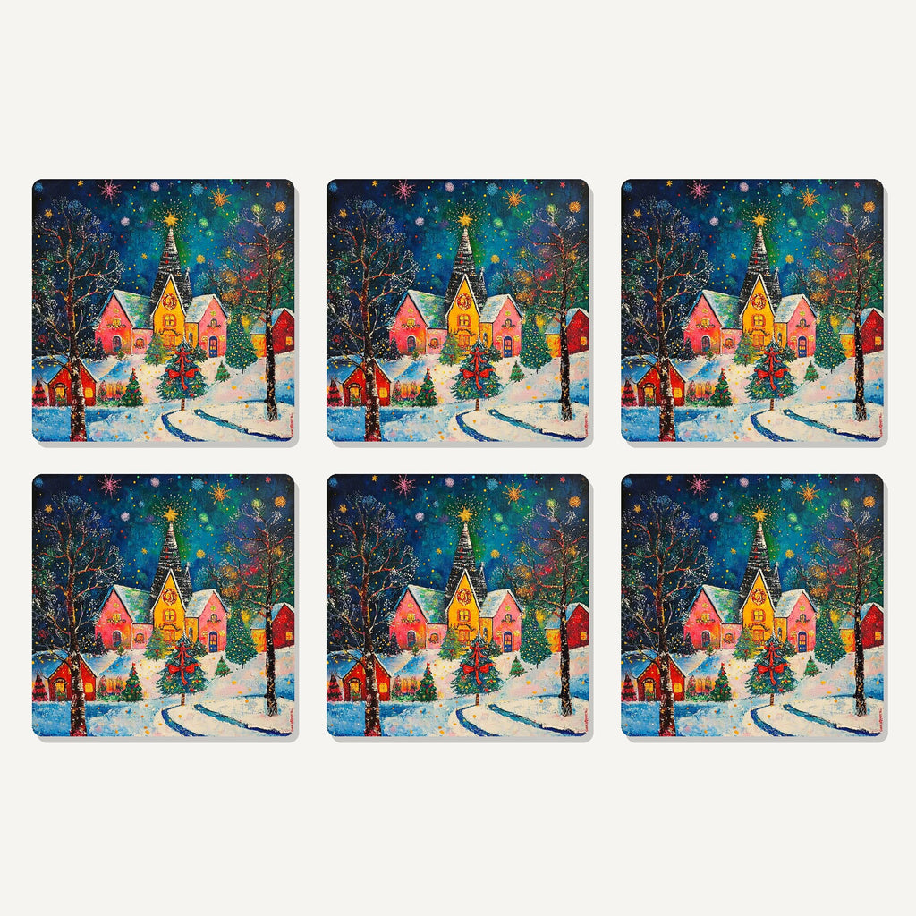 Flat lay of the colourful christmas village night artwork on six square coasters