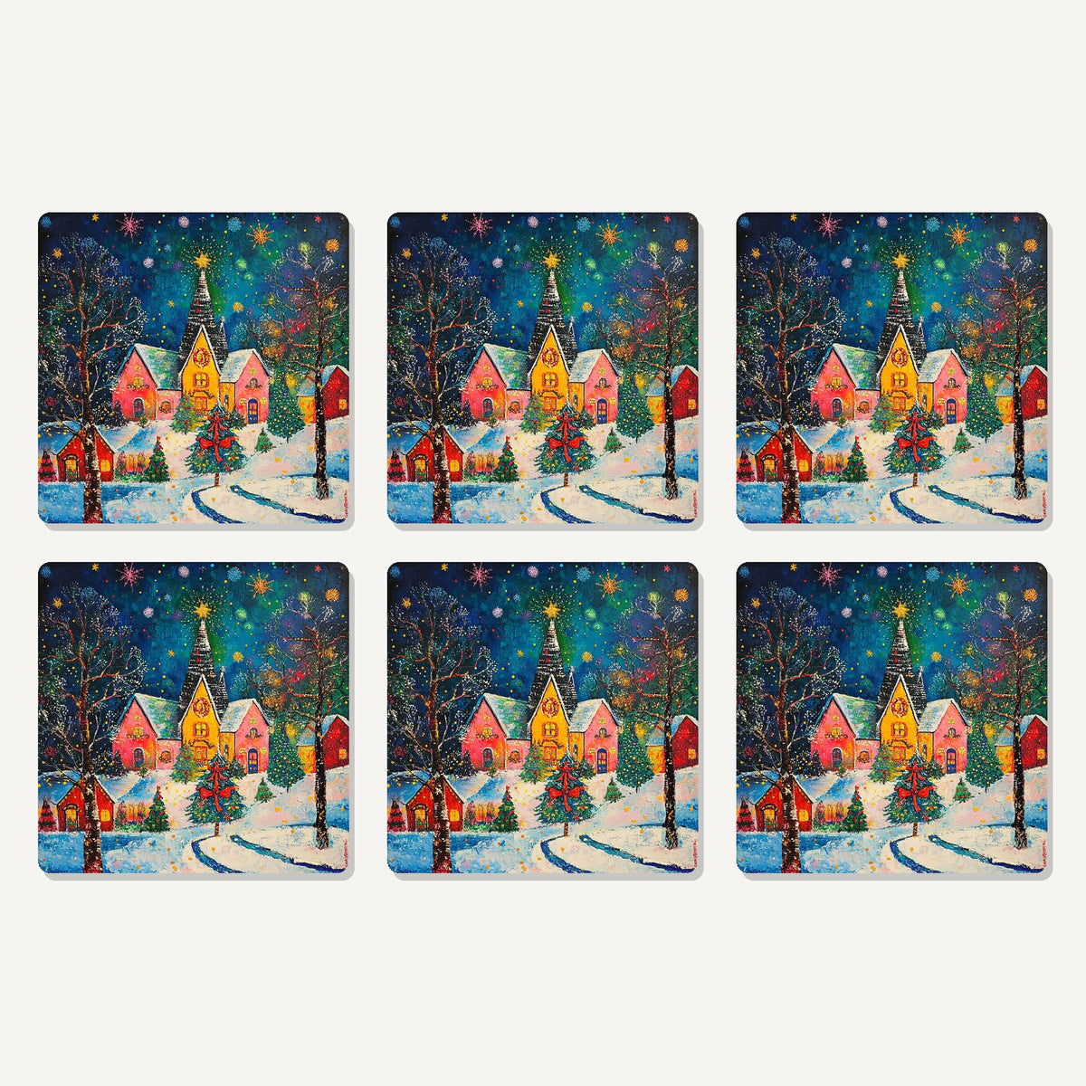 Flat lay of the colourful christmas village night artwork on six square coasters