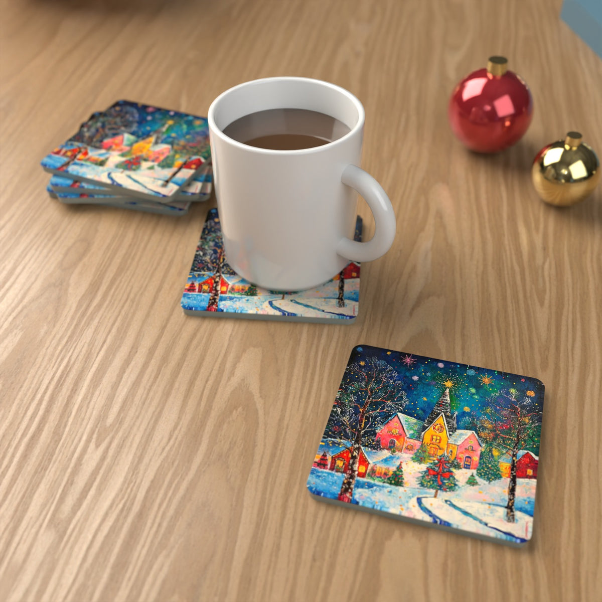 Colourful Christmas Village Night Square Glass Coasters – Set of 6 – lifestyle mockup with a mug of coffee
