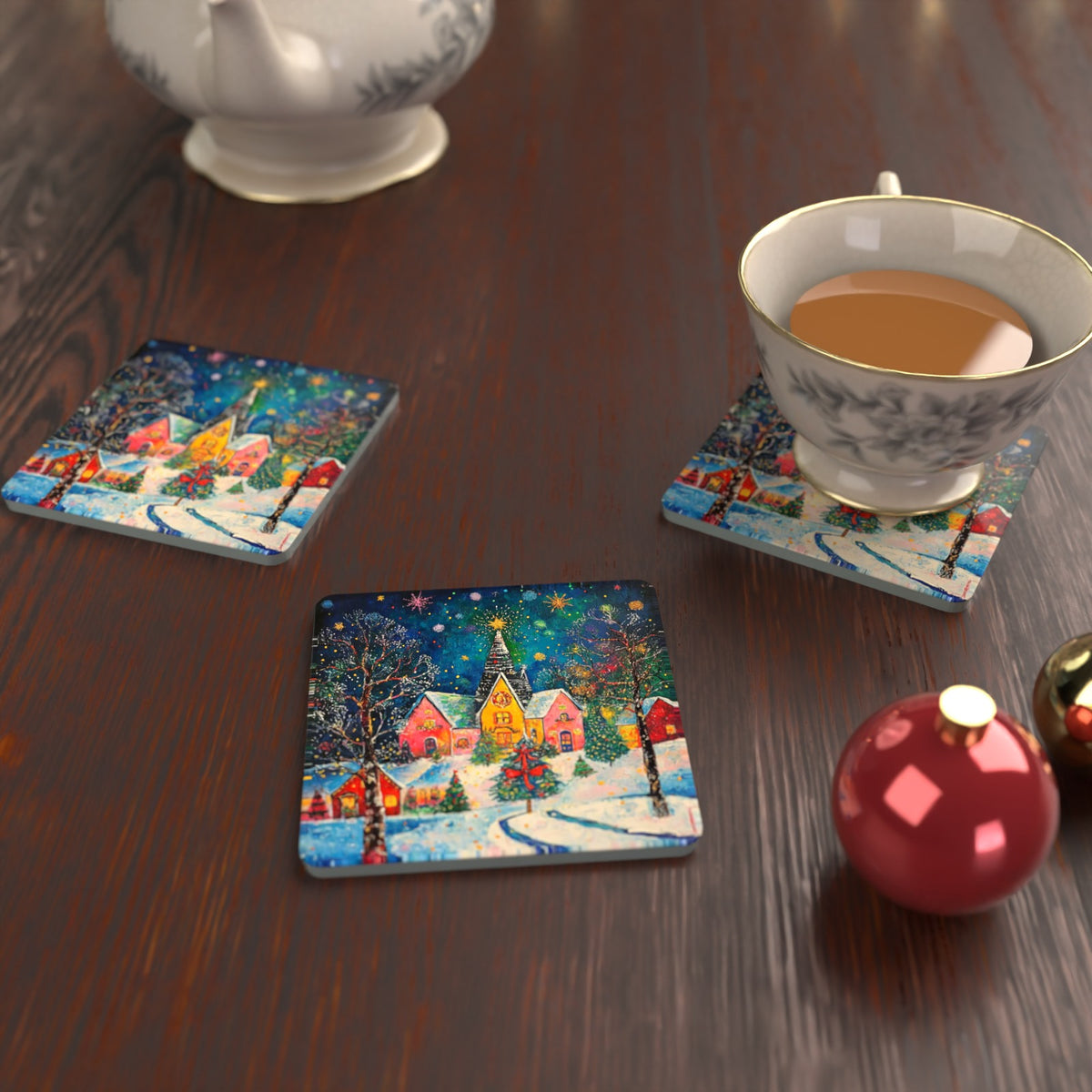 Colourful Christmas Village Night Square Glass Coasters – Set of 6 – lifestyle mockup with a teacup