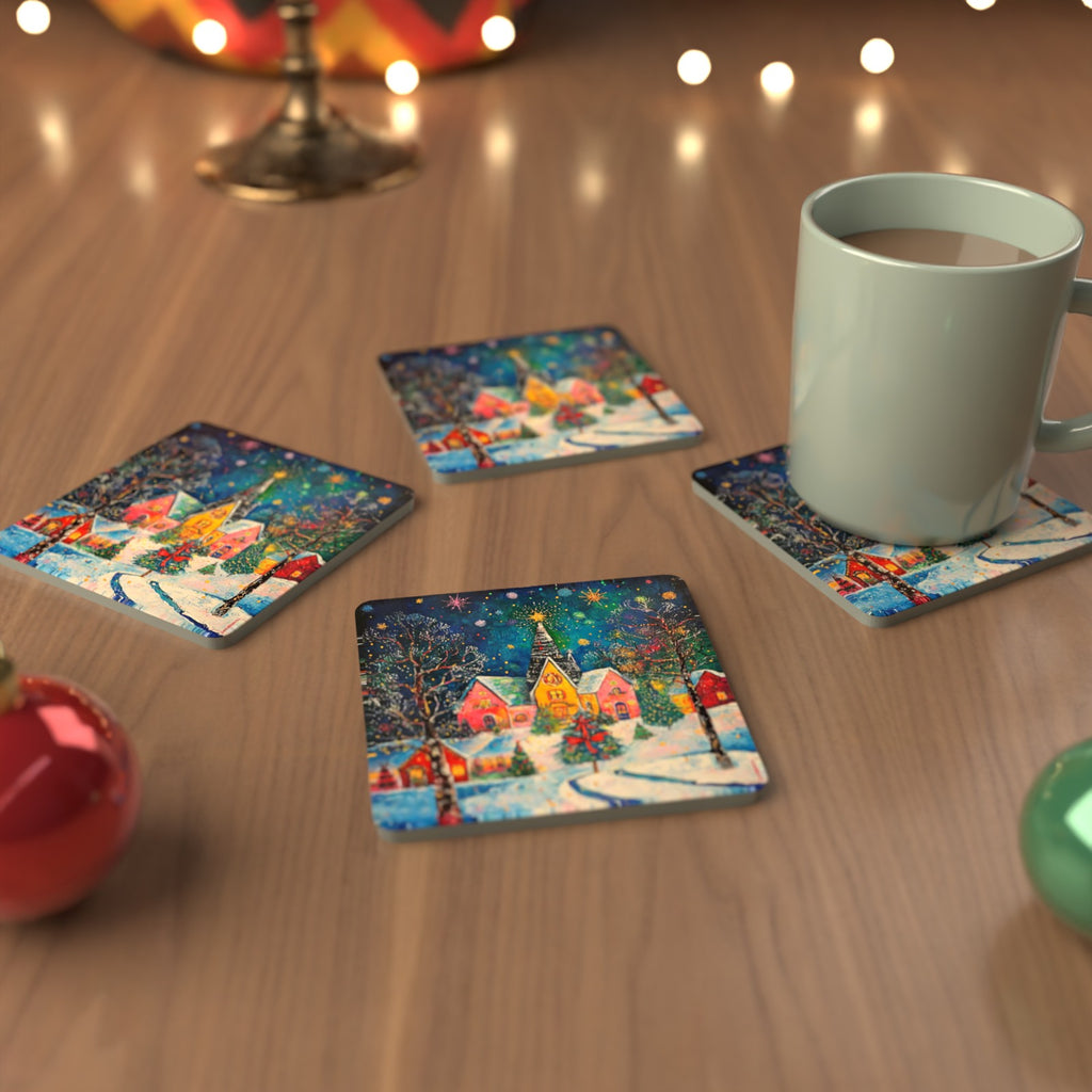 Colourful Christmas Village Night Square Glass Coasters – Set of 6 – cosy lifestyle mockup