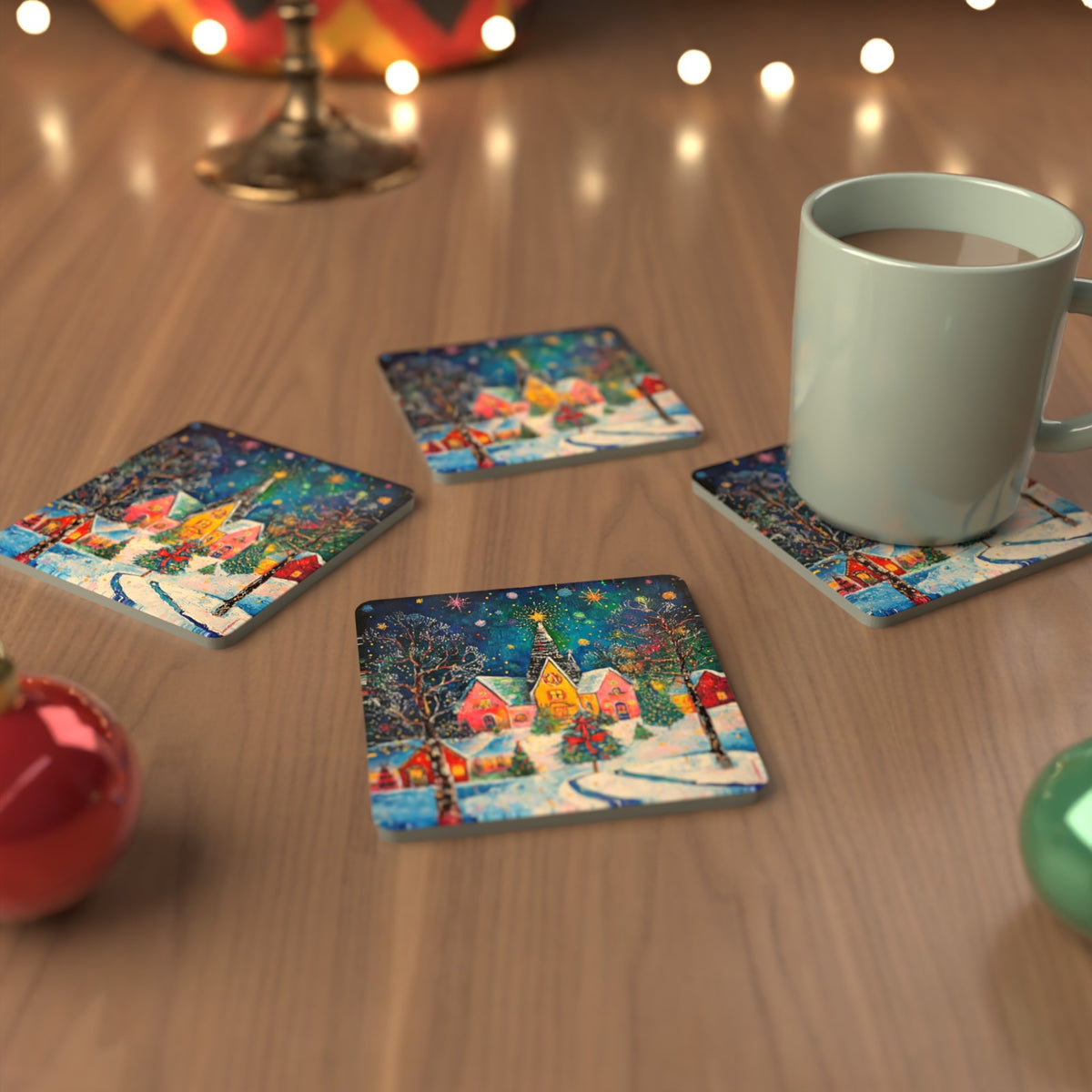 Colourful Christmas Village Night Square Glass Coasters – Set of 6 – cosy lifestyle mockup