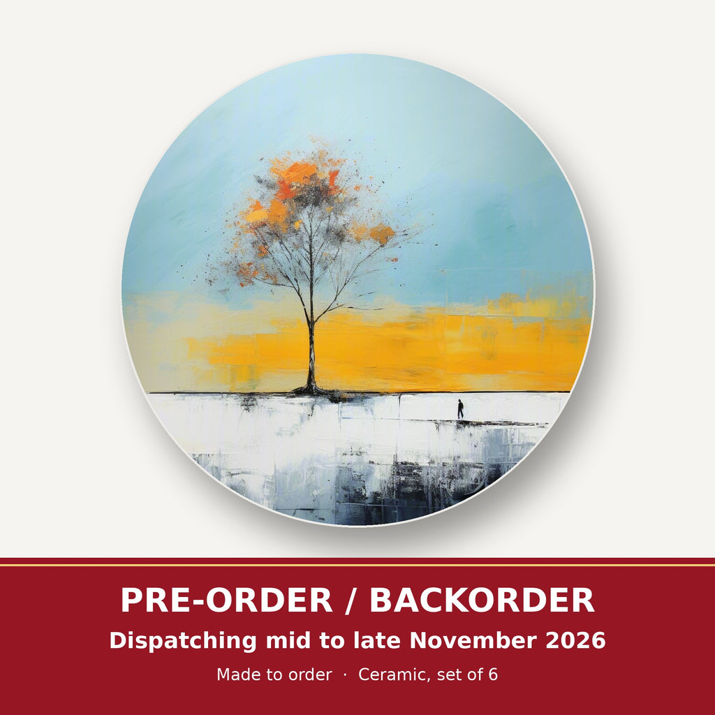 Lone Tree Abstract Landscape round ceramic coaster set of 6 – pre-order / backorder, dispatching mid to late November 2026