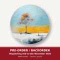 Lone Tree Abstract Landscape round ceramic coaster set of 6 – pre-order / backorder, dispatching mid to late November 2026