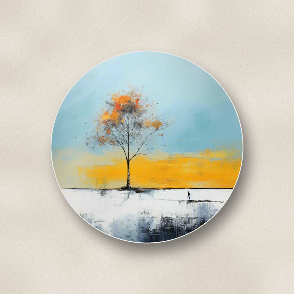 Close-up of one lone tree abstract landscape round ceramic coaster, flat UV print