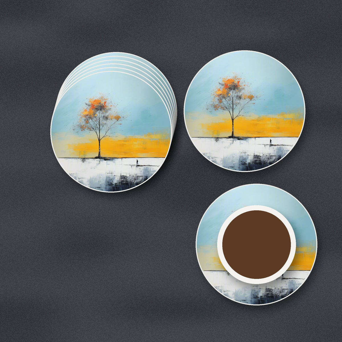 Lone Tree Abstract Landscape round ceramic coasters stacked on a slate kitchen worktop
