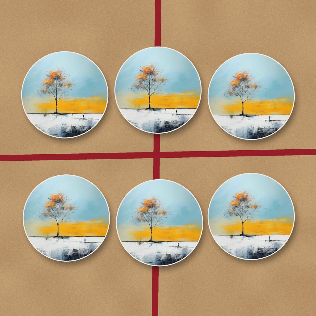 Lone Tree Abstract Landscape round ceramic coasters on kraft gift wrap