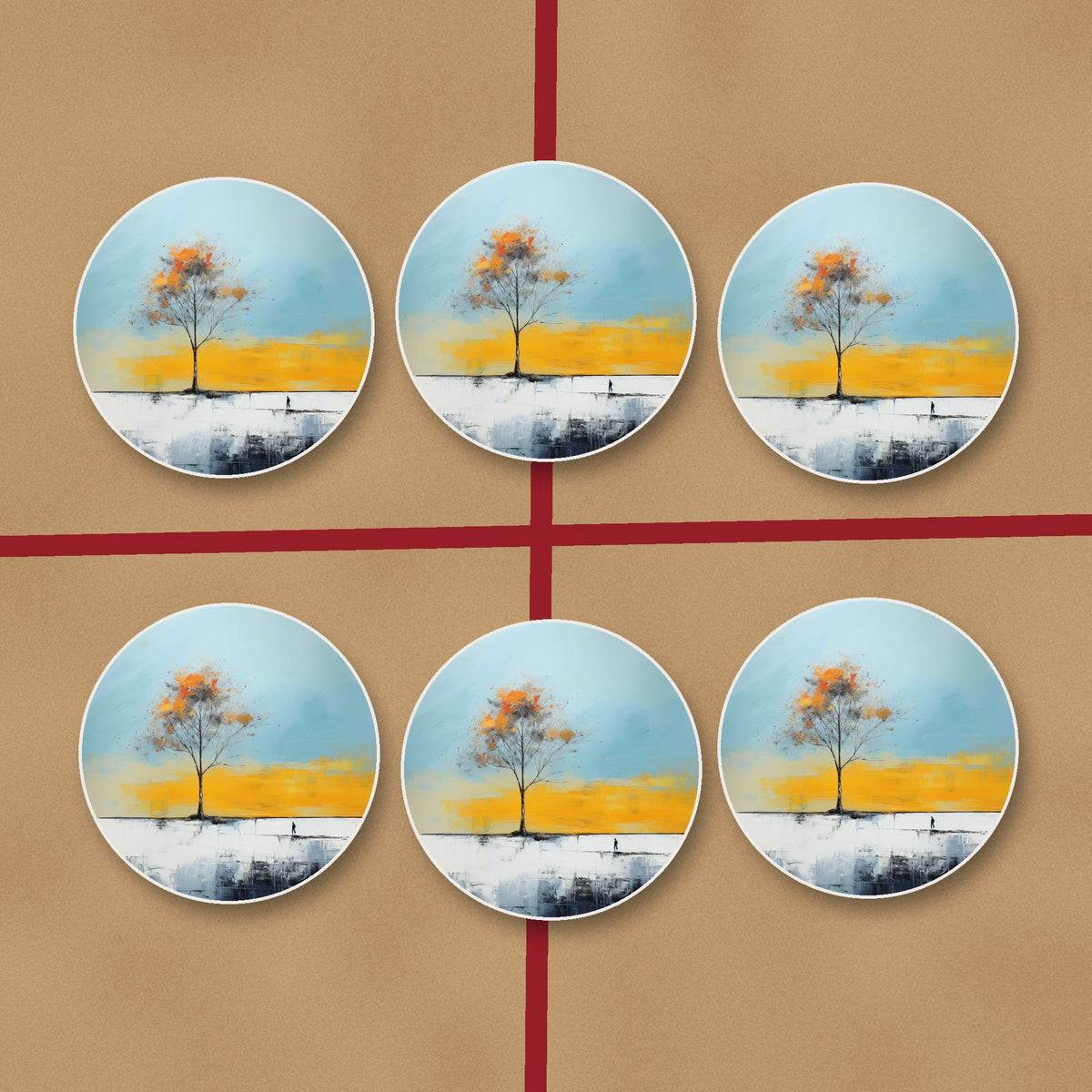 Lone Tree Abstract Landscape round ceramic coasters on kraft gift wrap