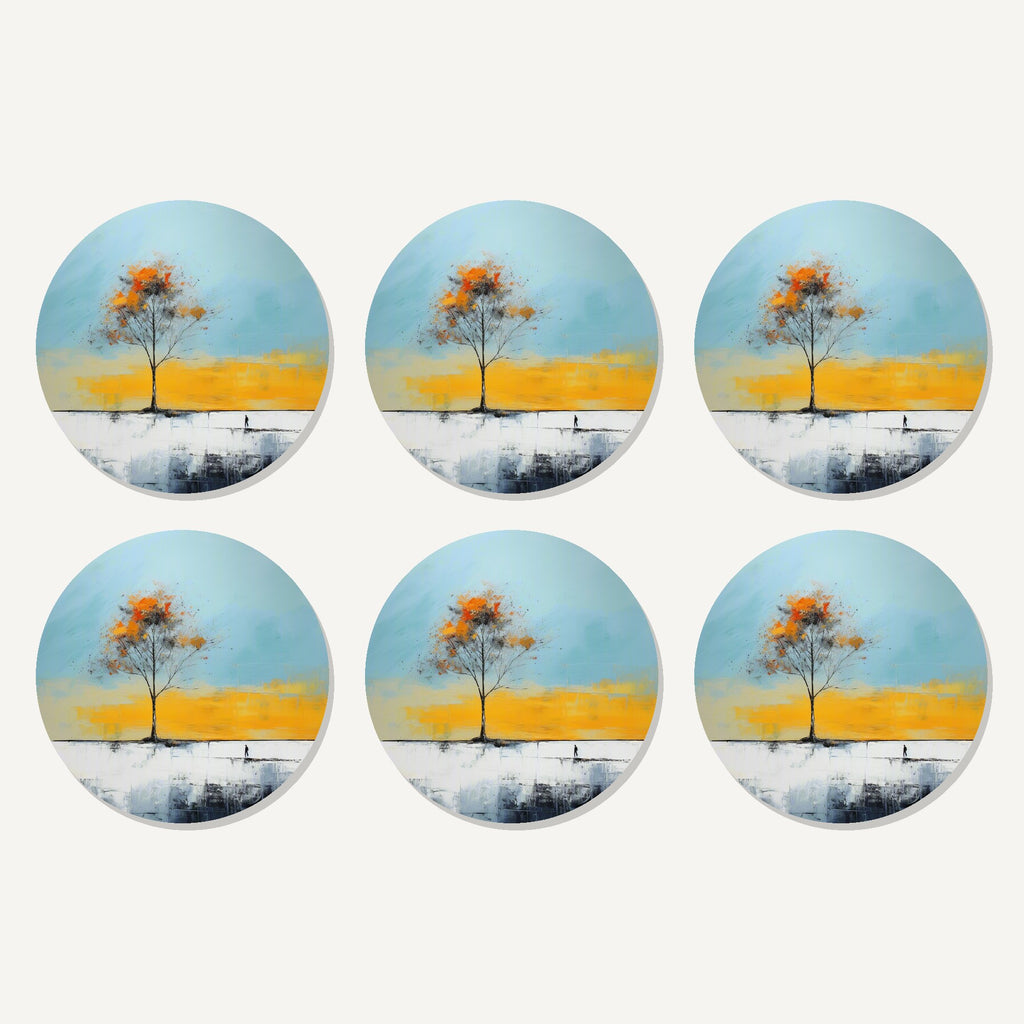 Flat lay of the lone tree abstract landscape artwork on six round coasters