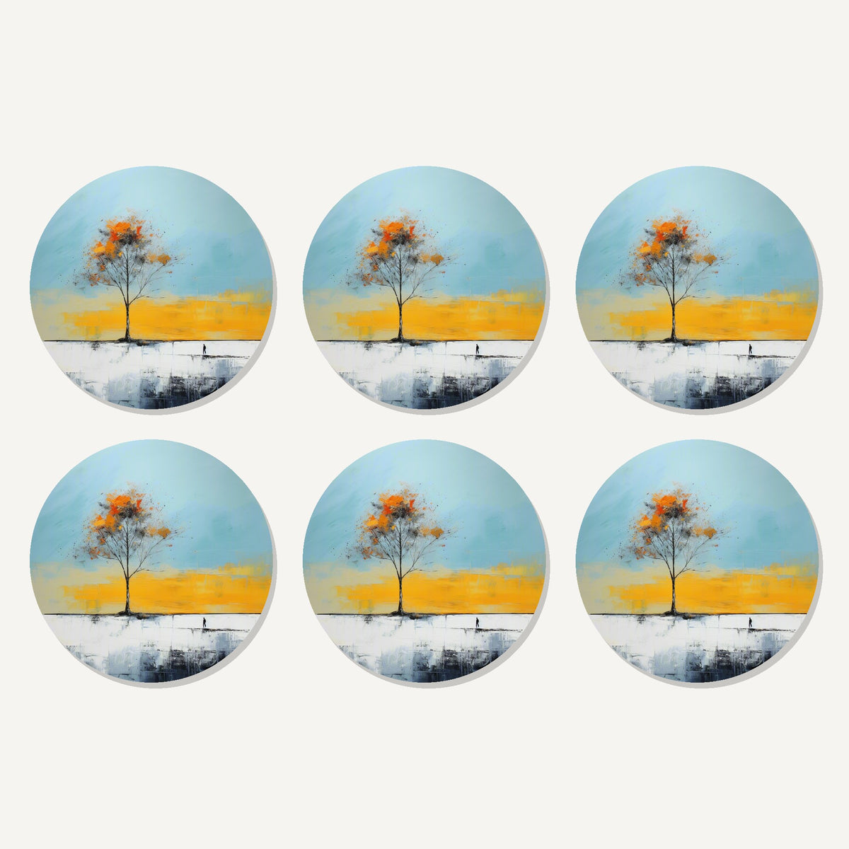 Flat lay of the lone tree abstract landscape artwork on six round coasters