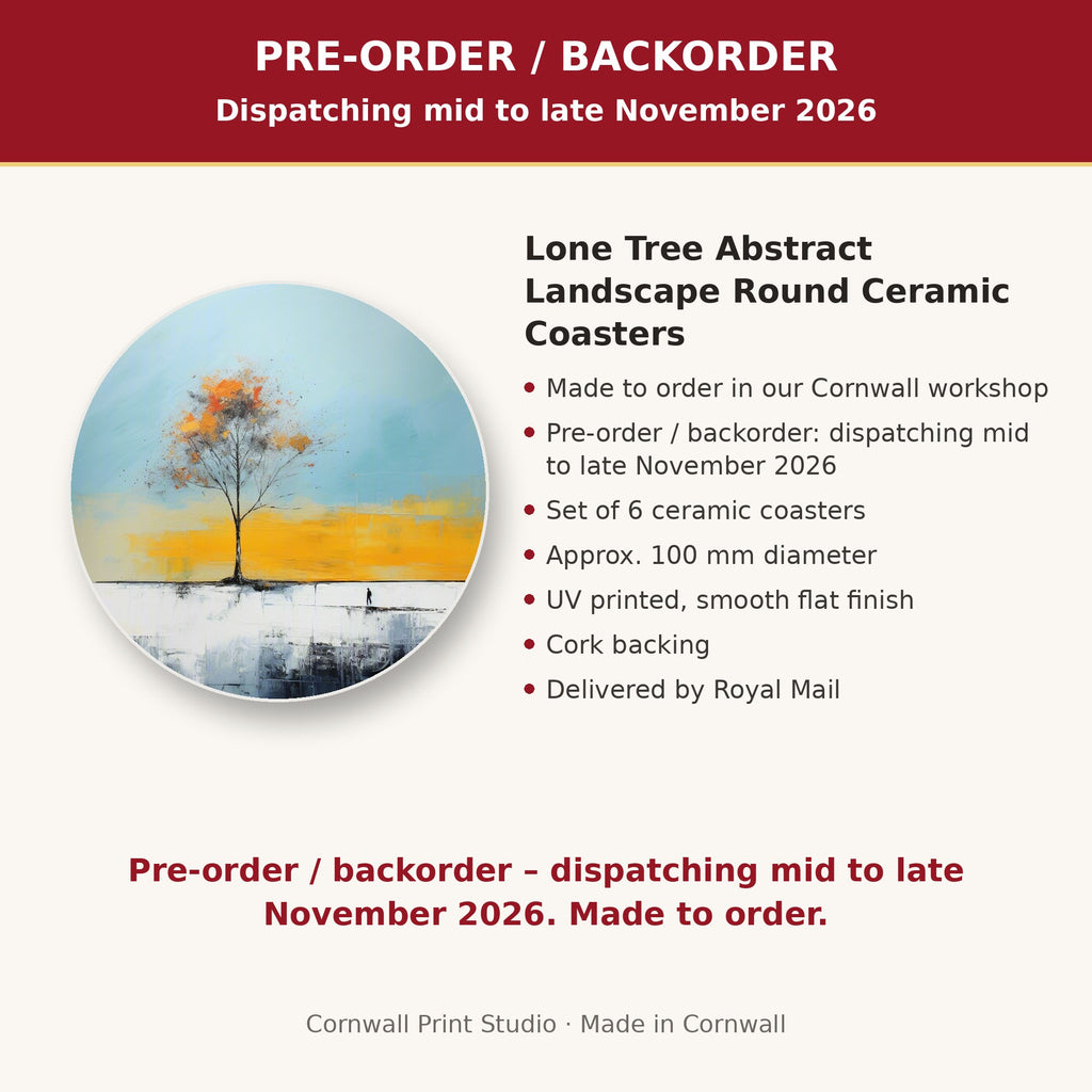 Info card: Lone Tree Abstract Landscape Round Ceramic Coasters – Set of 6, made to order, dispatching mid to late November 2026, delivered by Royal Mail