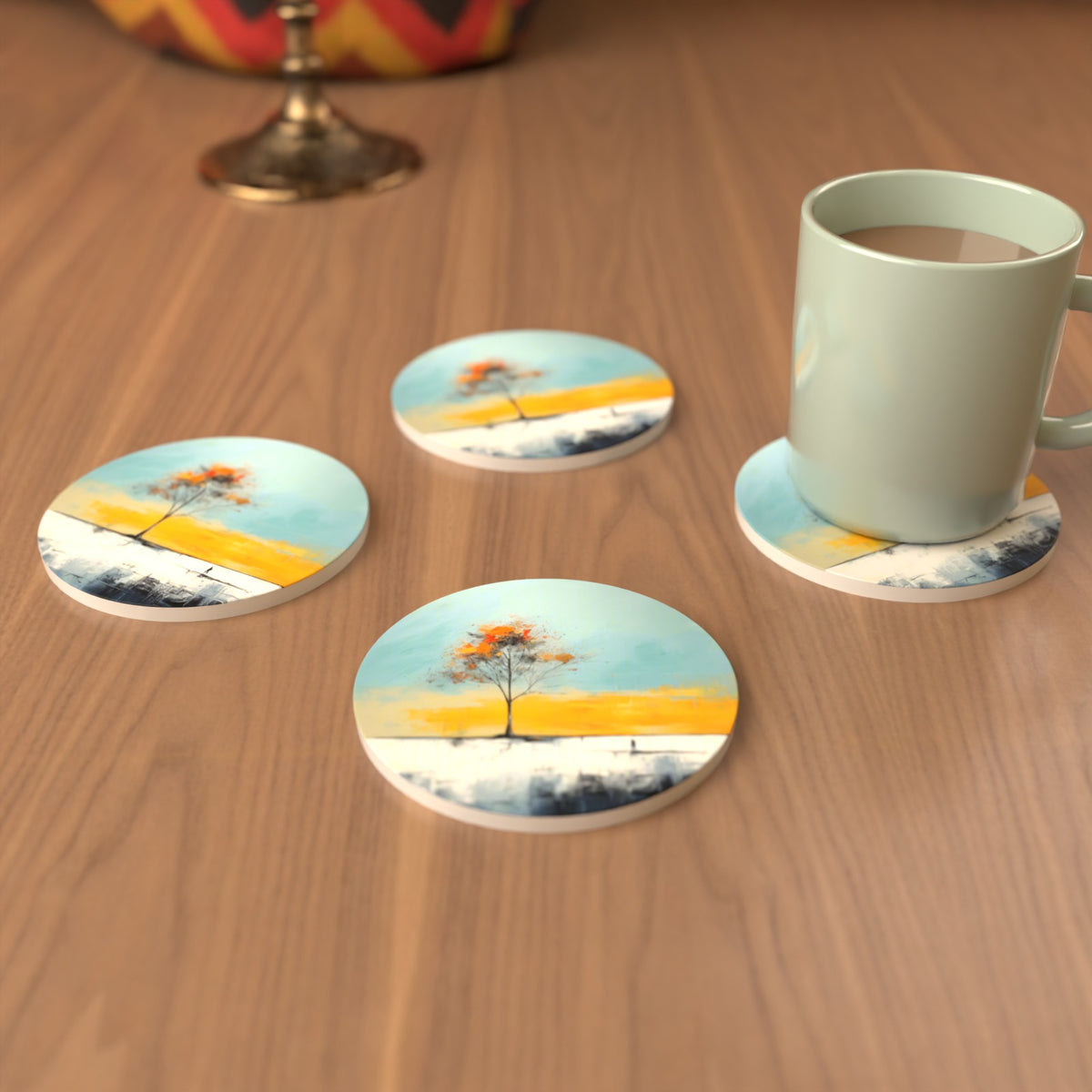 Lone Tree Abstract Landscape Round Ceramic Coasters – Set of 6 – cosy lifestyle mockup